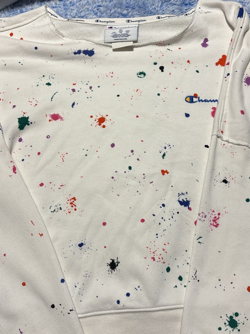 Champion White Paint-Splatter Crewneck Sweatshirt